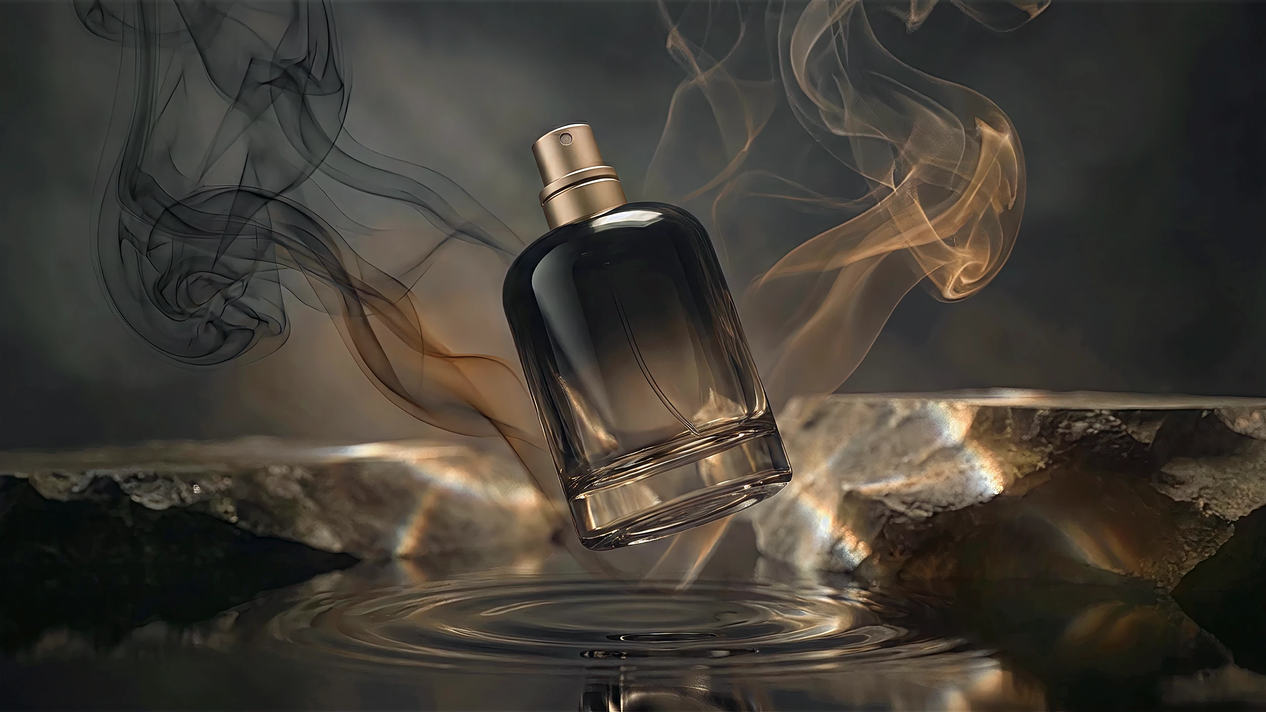 Dark glass perfume bottle floating above water ripples surrounded by wisps of smoke and raw stone