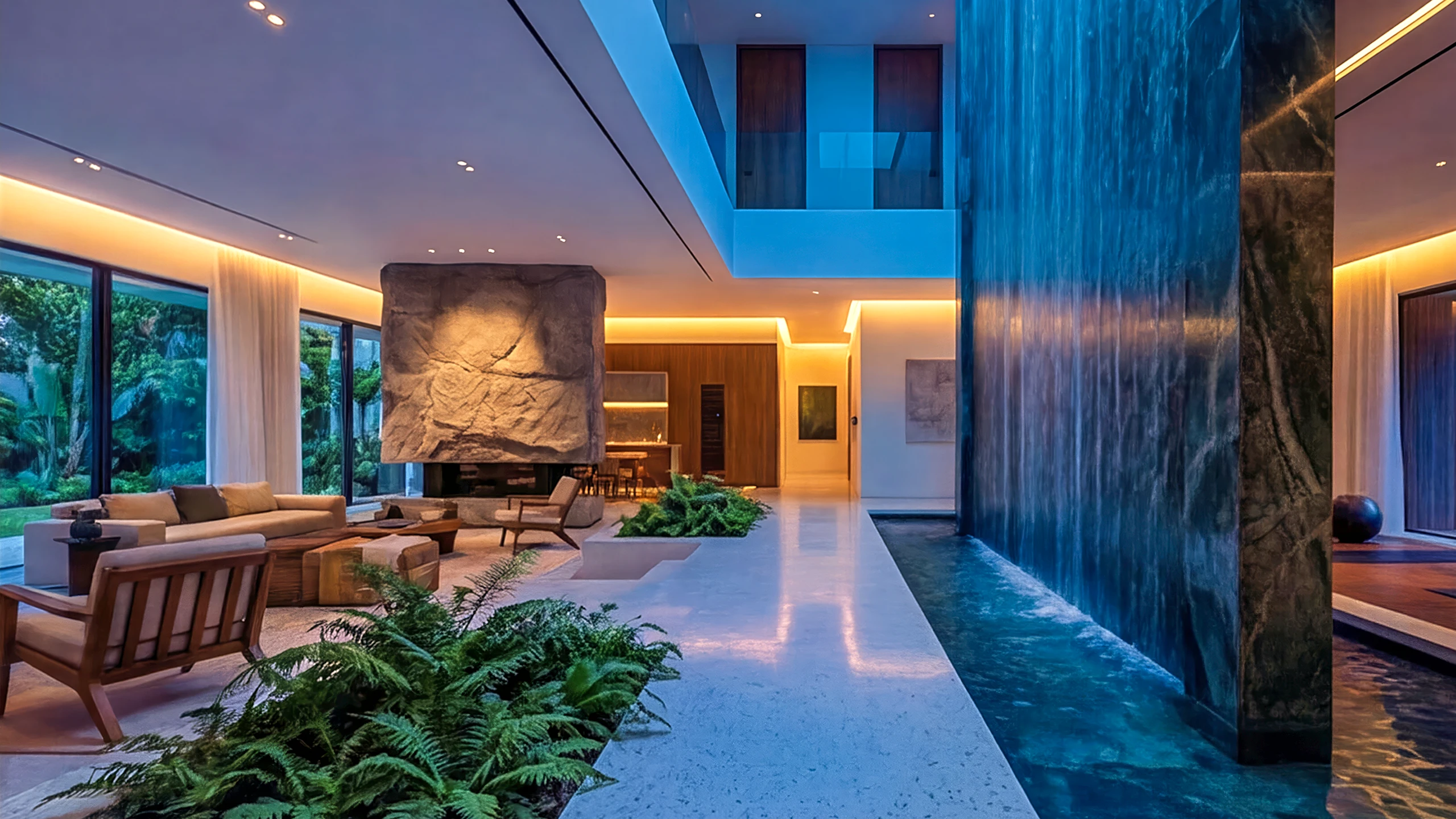 Evening 3D render of a contemporary luxury residence showcasing spa-like ambient lighting, an indoor waterfall cascading into a reflecting pool, and modernist stone architectural elements.