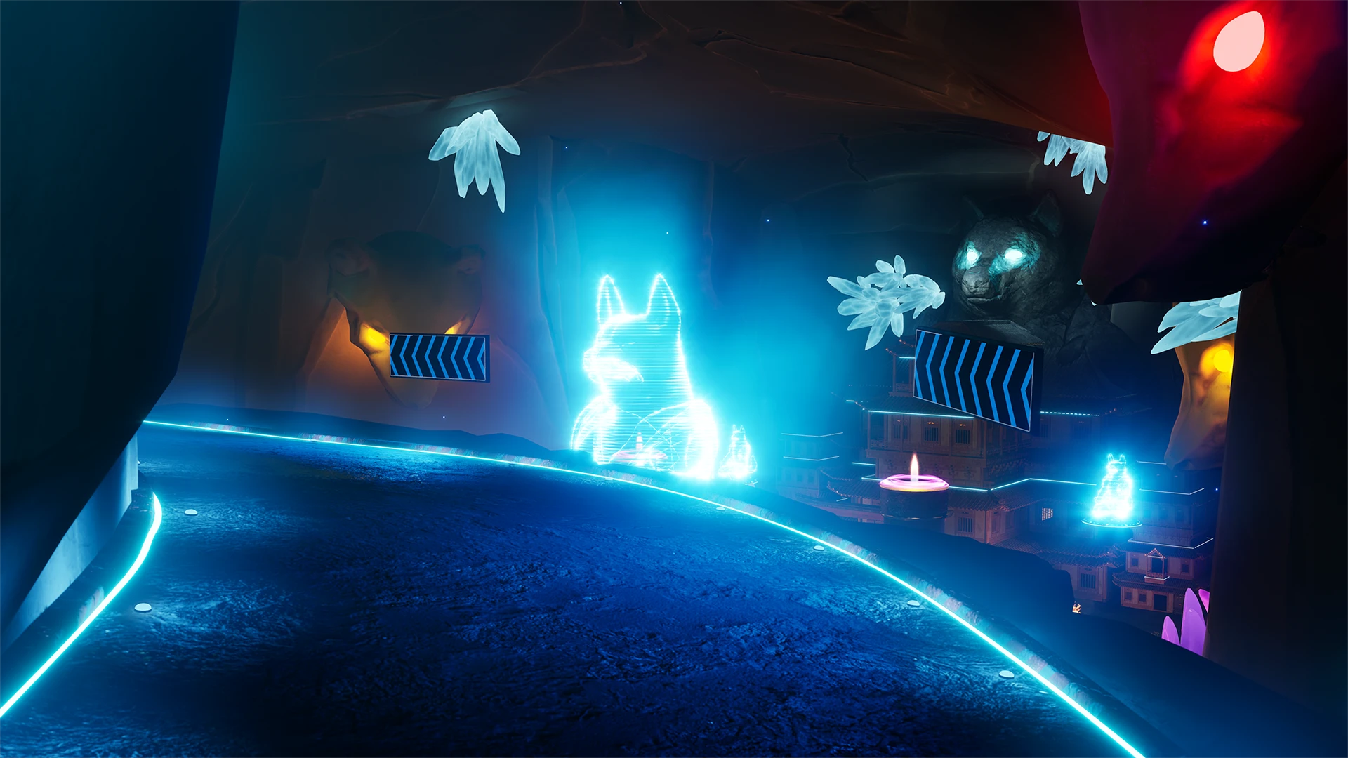 LapDogs ice-cave circuit with holographic Shiba VFX