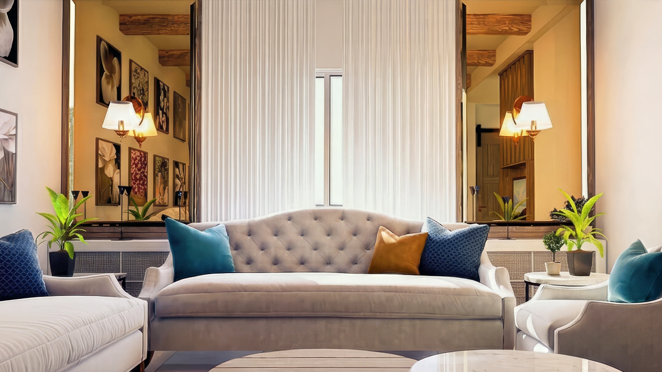 Cinematic 3D interior visualization of an elegant living room featuring a tufted gray sofa with teal and mustard accent cushions, tall framed mirrors, sheer curtains, and exposed timber ceiling beams — Rebel Art Studios archviz