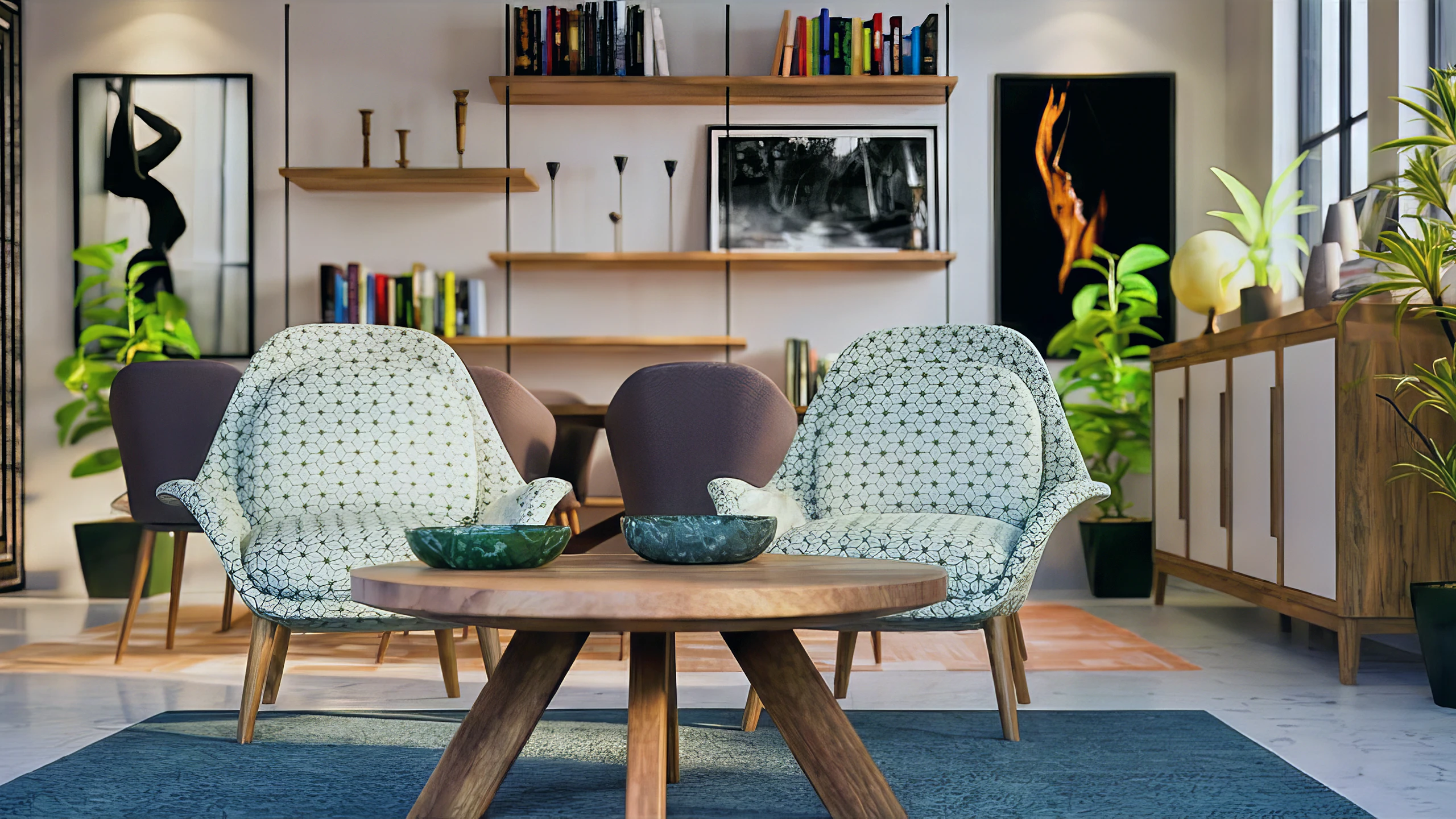 Photorealistic architectural visualization of a mid-century modern sitting area with geometric-patterned lounge chairs, a round walnut coffee table, open timber shelving, and curated art decor — Rebel Art Studios 3D rendering