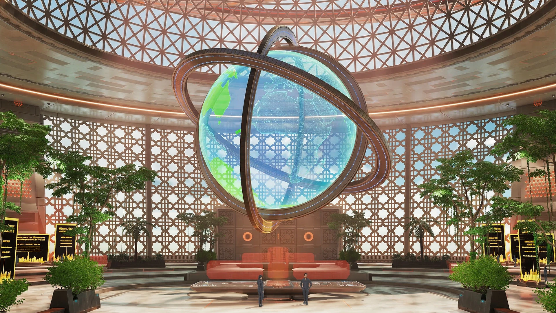 Large social interior with a holographic globe