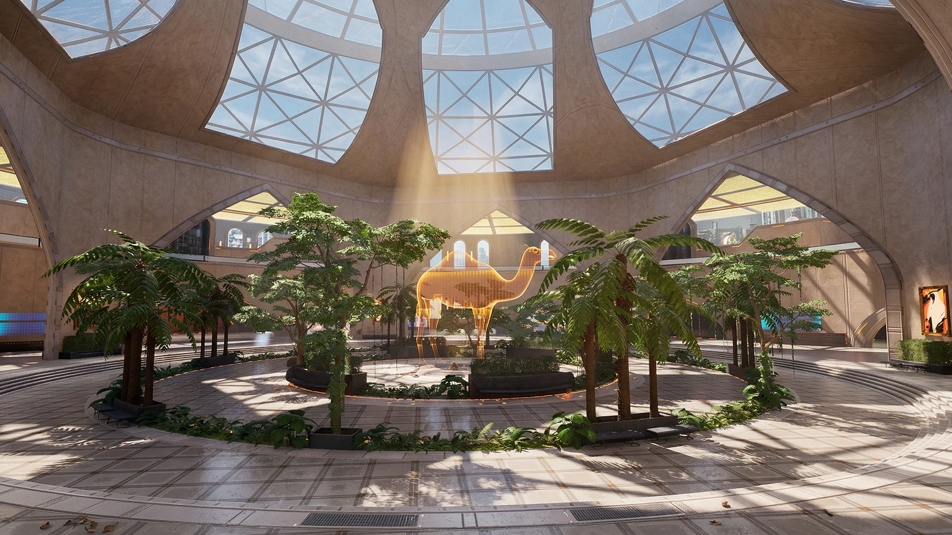 Sunlit metaverse interior with holographic installation